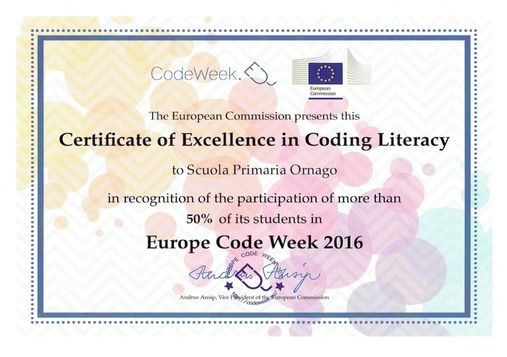 certificato di eccellenza in coding Literacy - 2016